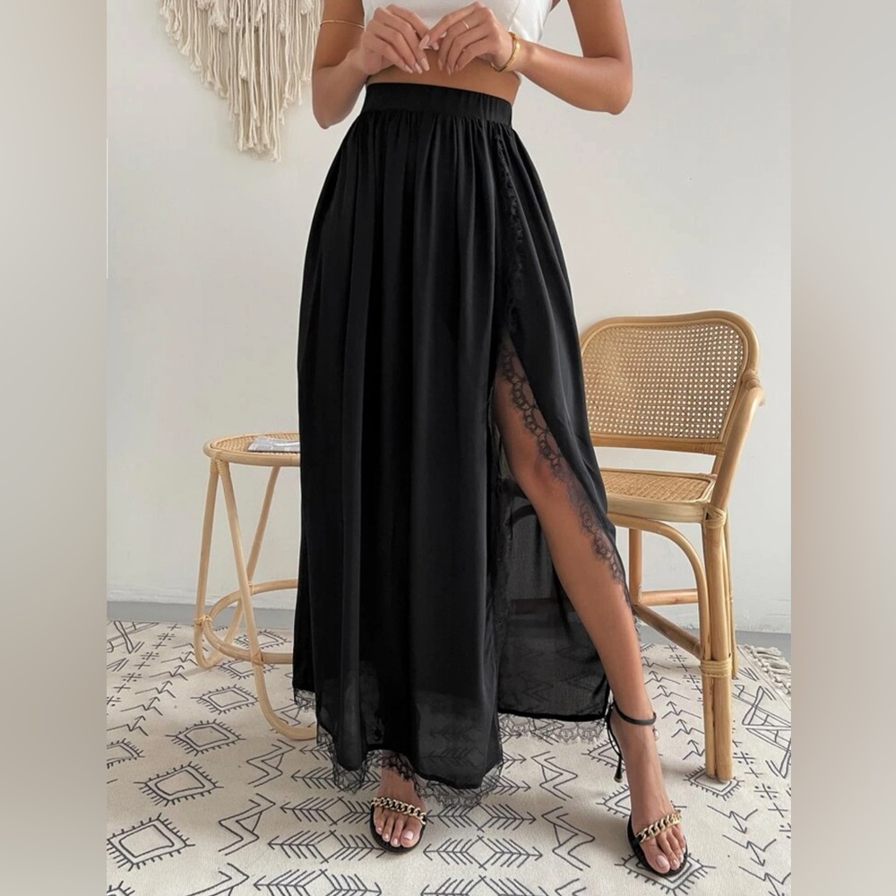 SHEIN VCAY Summer Pure Color Black Lace Hem High Slit Maxi Skirt Size L